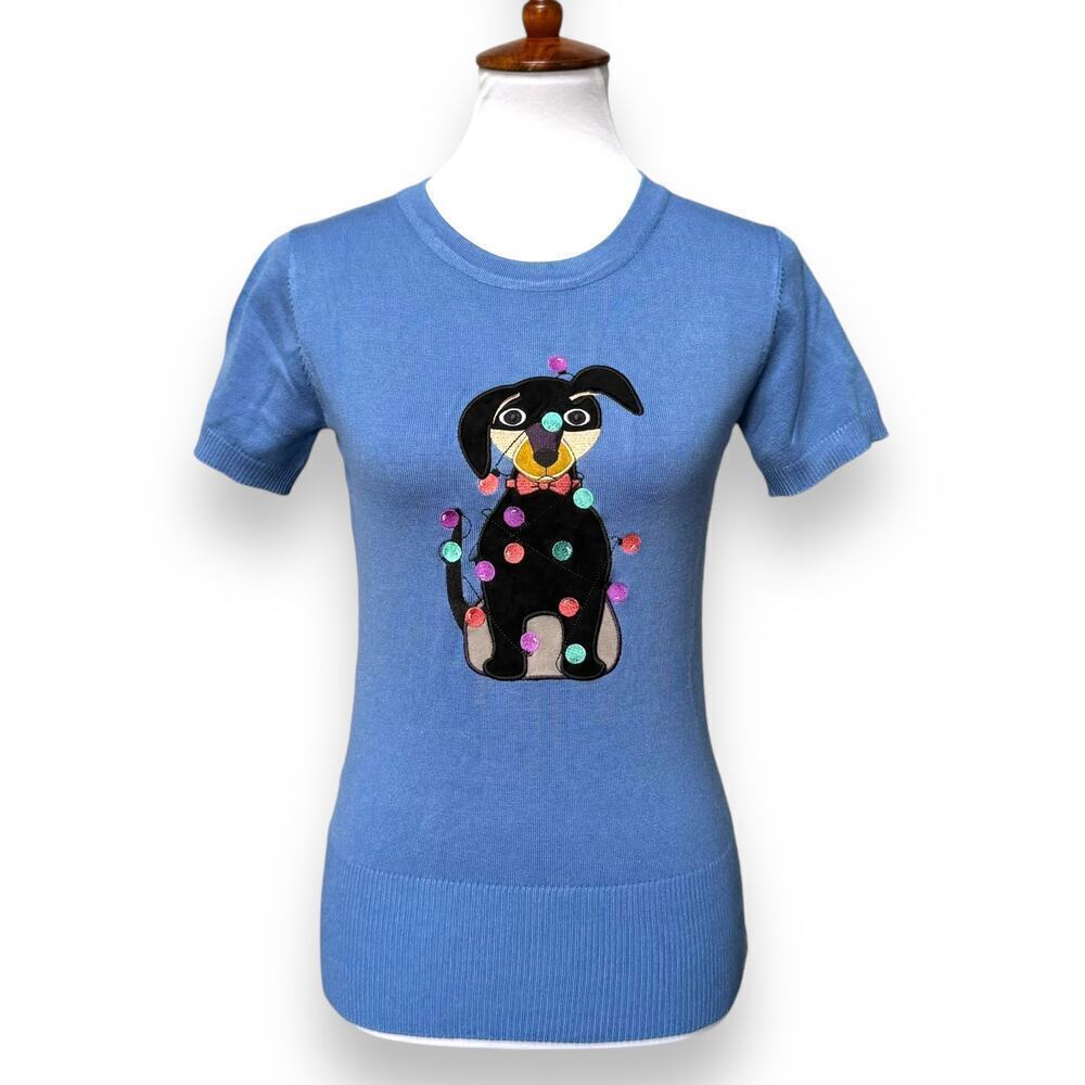 ModCloth Bright & Beautiful Sydney Dachshund Embroidered Knitted Top Blue M NWT